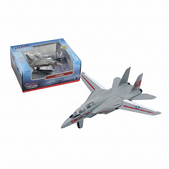 Model airplane next to its packaging on a white background