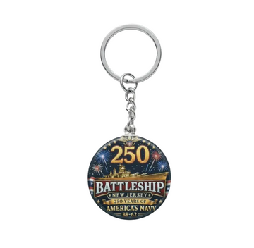 Button badge celebrating 250 years of America's Navy with a battleship design.