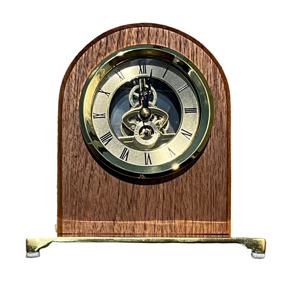 Wooden clock with mechanical components on a white background