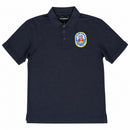 A navy blue short-sleeve polo shirt with a three-button placket and a colorful circular 'Royal Marines Commando' crest patch on the left chest, displayed on a clean white background.