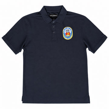 A navy blue short-sleeve polo shirt with a three-button placket and a colorful circular 'Royal Marines Commando' crest patch on the left chest, displayed on a clean white background.
