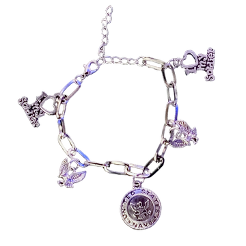 Silver charm bracelet with various charms on a black background