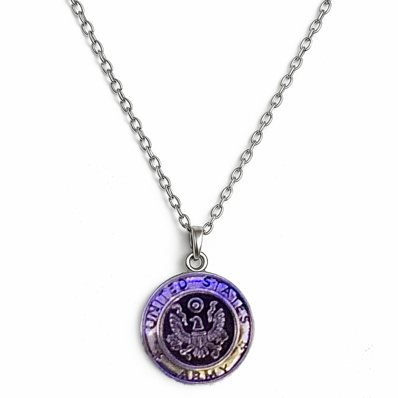 Necklace with a round pendant featuring the United States  Army emblem on a white background